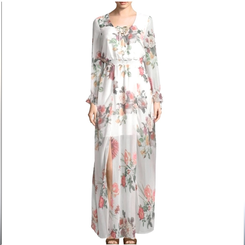 Belle Sky Long Sleeve Lace Up Floral Lined Maxi Flowy Dress Size: Medium